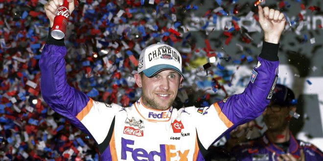 NASCAR driver Hamlin celebrates