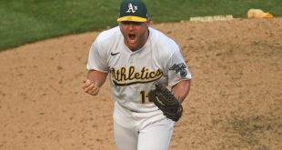 A's pitcher Liam Hendriks celebrates strikeout