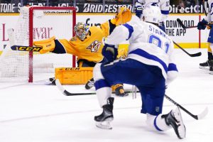 Tampa Bay Lightning Center Steven Stamkos scores in the third period against the Nashville Predators