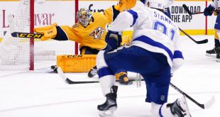 Tampa Bay Lightning Center Steven Stamkos scores in the third period against the Nashville Predators