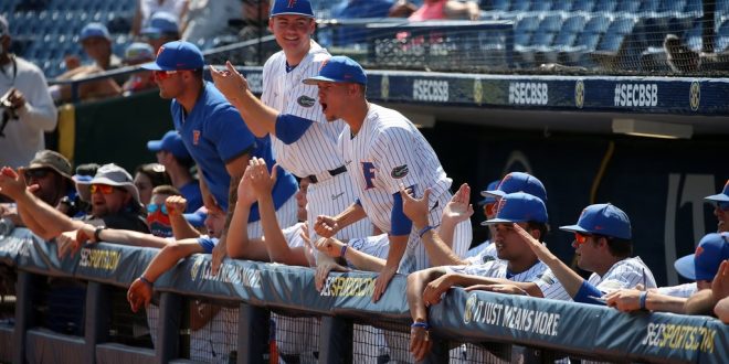 Gators celebrate in dugout