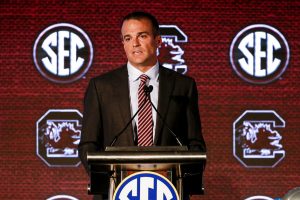 South Carolina head coach Shane Beamer speaks to reporters during the NCAA college football Southeastern Conference