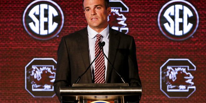 South Carolina head coach Shane Beamer speaks to reporters during the NCAA college football Southeastern Conference