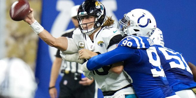 Jacksonville Jaguars quarterback Trevor Lawrence throws