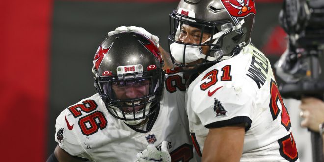 Buccaneers celebrate after a touchdown