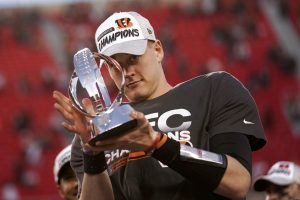 Joe Burrow holds AFC trophy after Bengals OT win