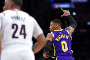 Russell Westbrook runs down the court