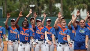 The Gators celebrate their advancement to a super regional.
