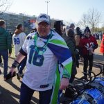 A Seahawks fan from Ireland cheers for his team during the NFL Fan Fest. Fans from all over Europe and beyond made their way to Munich, Germany for the Sunday, Nov. 13 game.