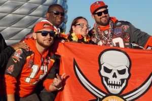 Buccaneers fans prepare for their team’s football game by cheering and chanting “Go Bucs” as fans from all over the world walk towards Allianz Arena. The Tampa Bay Buccaneers defeated the Seattle Seahawks in a first of its kind game in Munich, Germany.