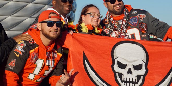 Buccaneers fans prepare for their team’s football game by cheering and chanting “Go Bucs” as fans from all over the world walk towards Allianz Arena. The Tampa Bay Buccaneers defeated the Seattle Seahawks in a first of its kind game in Munich, Germany.