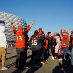 Buccaneers fans prepare for their team’s football game by cheering and chanting “Go Bucs” as fans from all over the world walk towards Allianz Arena. The Tampa Bay Buccaneers defeated the Seattle Seahawks in a first of its kind game in Munich, Germany.