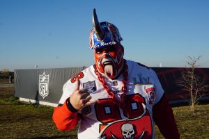 Big Nasty poses for a photo during his last game dressing up in his famous attire. Nasty has been attending Buccaneers games in this festive attire for over 35 years and wanted to end his tenure with this historical game.