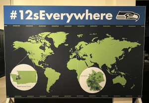 A board showing Seahawks fans located across the world.