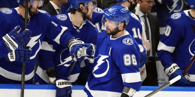 Nikita Kucherov of the Tampa Bay Lightning celebrates with the