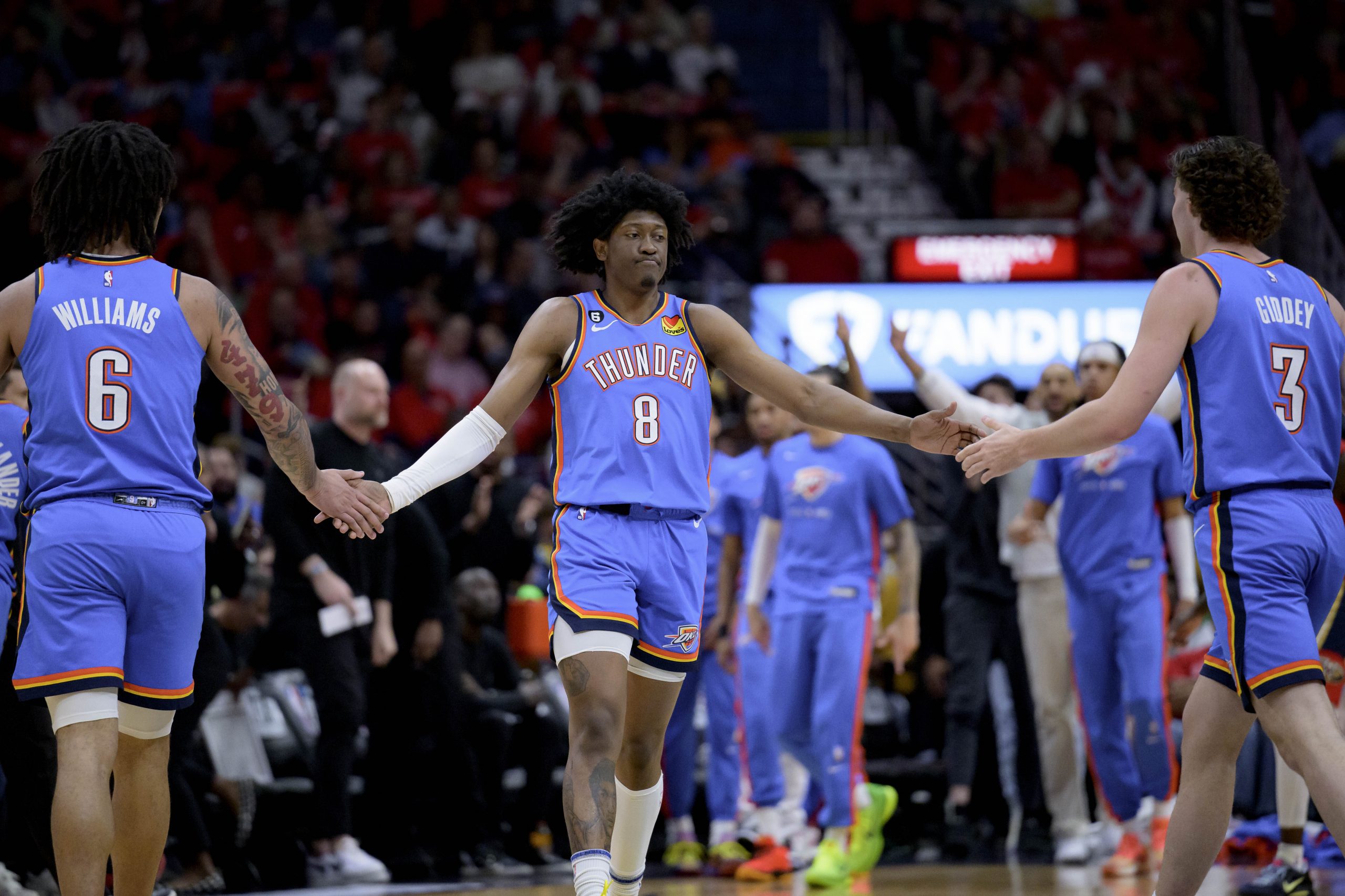 Oklahoma City Thunder's Jalen Williams (8) celebrates with Tre