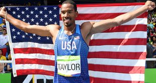 Christian Taylor (USA) celebrates winning the gold medal during the men's triple jump final in the Rio 2016 Summer Olympic Games at Estadio Olimpico Joao Havelange.