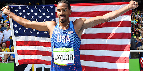 Christian Taylor (USA) celebrates winning the gold medal during the men's triple jump final in the Rio 2016 Summer Olympic Games at Estadio Olimpico Joao Havelange.