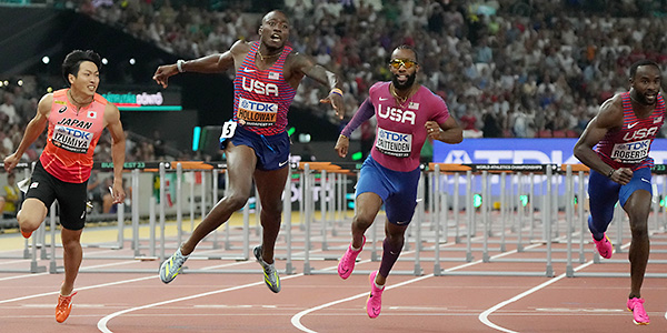 Grant Holloway (USA), second from left, wins the 110m hurdles during the World Athletics Championships in Budapest, Hungary, beating out Shunsuke Izumiya (Japan), Freddie Crittenden (USA) and Daniel Roberts (USA).