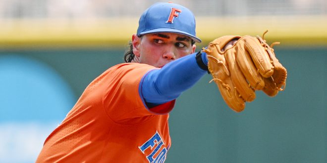 Florida Gators starting pitcher Jac Caglianone (14) throws a pitch against the TCU Horned Frogs in the third inning at Charles Schwab Field Omaha, Nebraska.