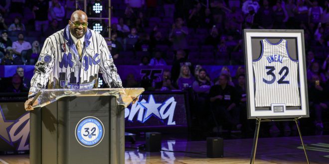 Shaquille O'Neal speaking at his Orlando Magic jersey retirement ceremony.