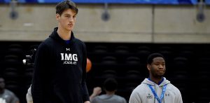 Olivier Rioux (left), who will join the UF basketball team as a preferred walk-on in the fall, is currently 7-foot-7.
