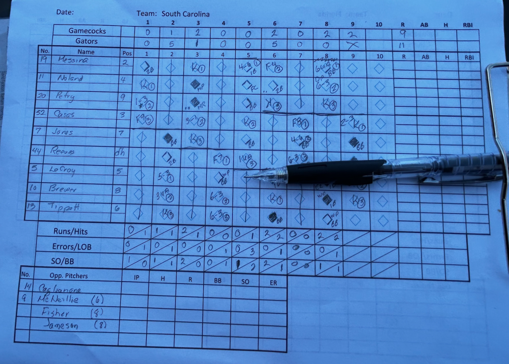 When he's not leading the cheers, Gordon Burleson is keeping score in his own scorebook. This is from Florida's April 14 win over South Carolina