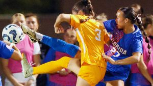 UF defender Norah Abbott (#27) challenges Tennessee’s Sammi Woods (#3) for the ball during the Gators game against the University of Tennessee at Donald R. Dizney Stadium in Gainesville, Fla., Wednesday, Oct. 30, 202