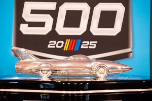 A close-up view of the The Harley J Earl trophy, awarded annually to the Daytona 500 winner.