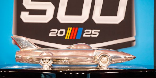 A close-up view of the The Harley J Earl trophy, awarded annually to the Daytona 500 winner.
