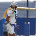 Florida Gators wide receiver Dallas Wilson (6) waits for a drill to start during spring football practice at Heavener Football Complex at the University of Florida in Gainesville, FL on Tuesday, March 11, 2025.
