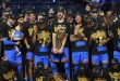 Oklahoma City Thunder players celebrate after winning the NBA basketball championship with a Game 7 victory against the Indiana Pacers Sunday, June 22, 2025, in Oklahoma City. (AP Photo/Nate Billings)