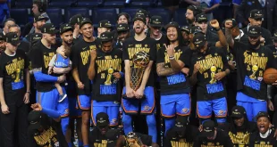 Oklahoma City Thunder players celebrate after winning the NBA basketball championship with a Game 7 victory against the Indiana Pacers Sunday, June 22, 2025, in Oklahoma City. (AP Photo/Nate Billings)
