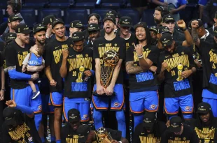 Oklahoma City Thunder players celebrate after winning the NBA basketball championship with a Game 7 victory against the Indiana Pacers Sunday, June 22, 2025, in Oklahoma City. (AP Photo/Nate Billings)