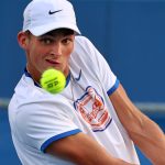 UF's Henry Jefferson hits the ball during the UF vs. FGCU match at the Alfred A. Ring Tennis Complex in Gainesville, Fla., Sunday, Feb. 2, 2025.