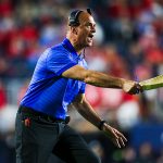 Florida Gators interim head coach Billy Gonzales reacts to a play against the Ole Miss Rebels (Petre Thomas-Imagn Images)