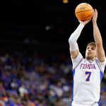 Nov 16, 2025; Jacksonville, Florida, USA; Florida Gators guard Urban Klavzar (7) shoots the ball against the Miami Hurricanes during the first half at VyStar Veterans Memorial Arena.