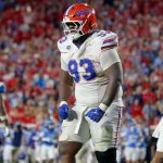Florida defensive tackle Michai Boireau celebrates after Ole Miss quarterback Trinidad Chambliss was sacked in Oxford, Mississippi, on Saturday, Nov. 15, 2025.