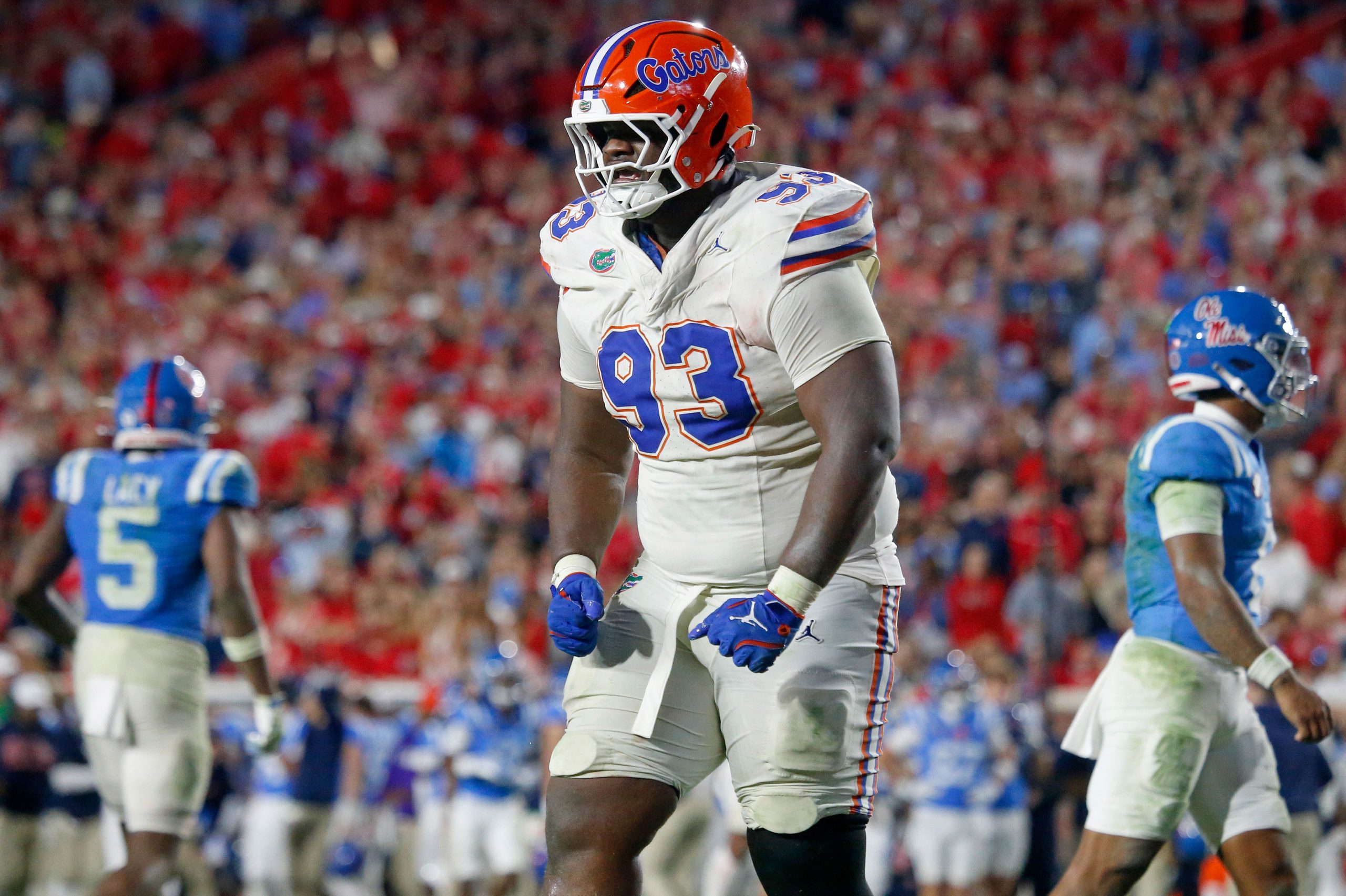 Florida defensive tackle Michai Boireau celebrates after Ole Miss quarterback Trinidad Chambliss was sacked in Oxford, Mississippi, on Saturday, Nov. 15, 2025.