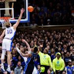 Florida forward Thomas Haugh blocks a shot by Duke guard Caleb Foster at Cameron Indoor Stadium on Tuesday, Dec. 2, 2025.