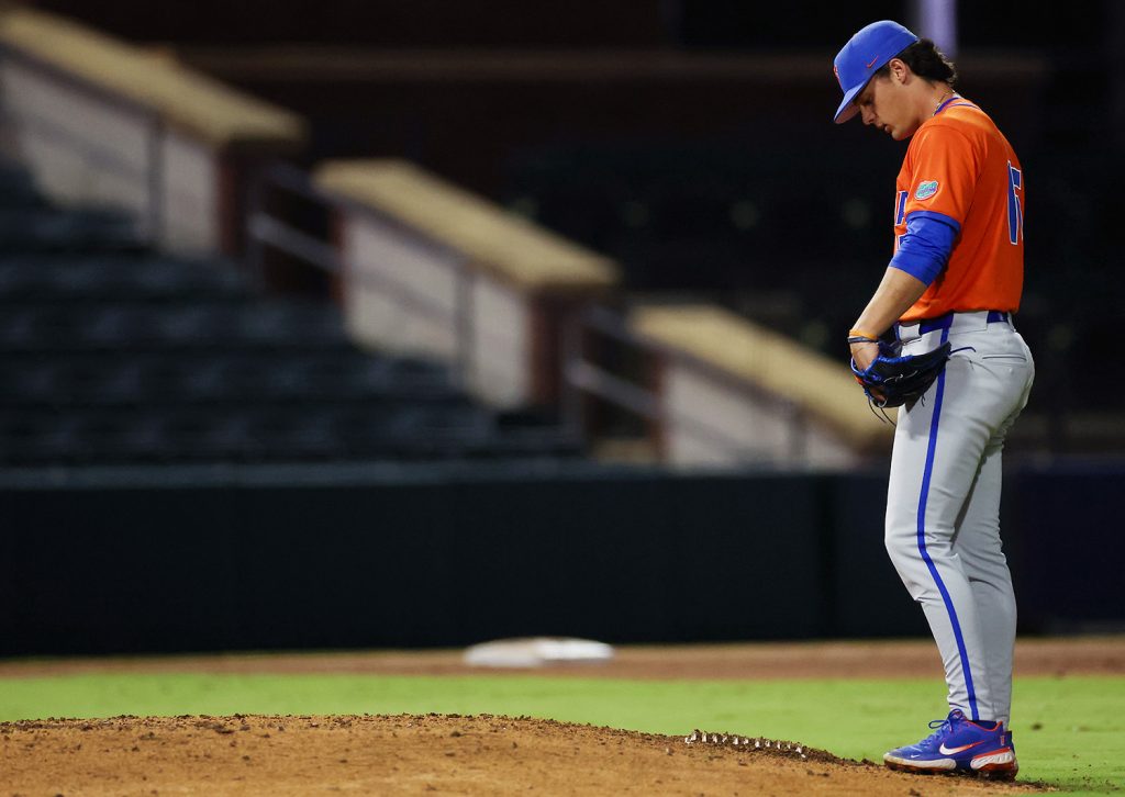 Joshua Whritenour stares at the mound during the Gators' fall scrimmage against Jacksonville on Oct.31, 2025 at Vystar Ballpark in Jacksonville, FL
