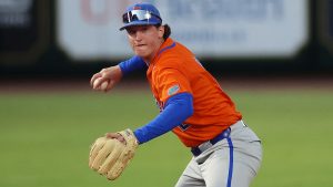 UF shortstop Sam Miller fields a ground ball during the Gators' exhibition game against Jacksonville on Friday, October 31, 2025 at Vystar Ballpark.