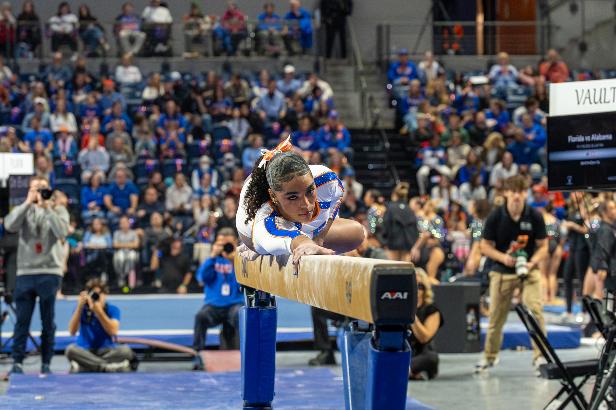 Florida gymnast eMjae Frazier competes on the beam against Alabama on Friday, Jan.16, 2026. (Bayden Armstrong/WRUF)