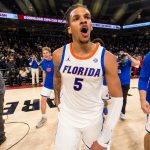 Florida Gators guard Will Richard (5) celebrates following their win over the South Carolina Gamecocks at Colonial Life Arena in Columbia, South Carolina on Jan. 22, 2025.