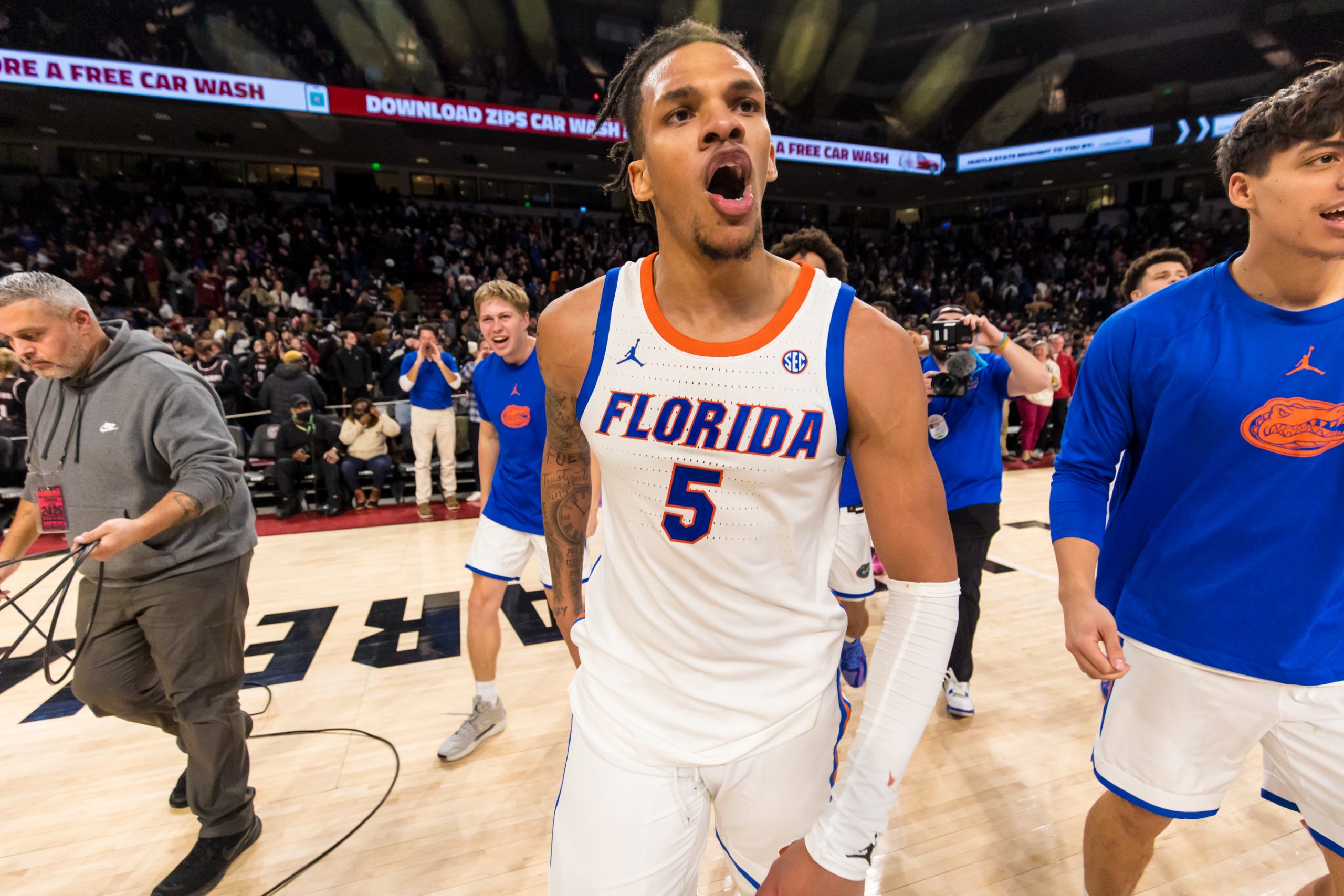 Florida Gators guard Will Richard (5) celebrates following their win over the South Carolina Gamecocks at Colonial Life Arena in Columbia, South Carolina on Jan. 22, 2025.