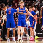 Florida basketball's Thomas Haugh celebrates after scoring against South Carolina in Columbia on Jan. 28, 2025.