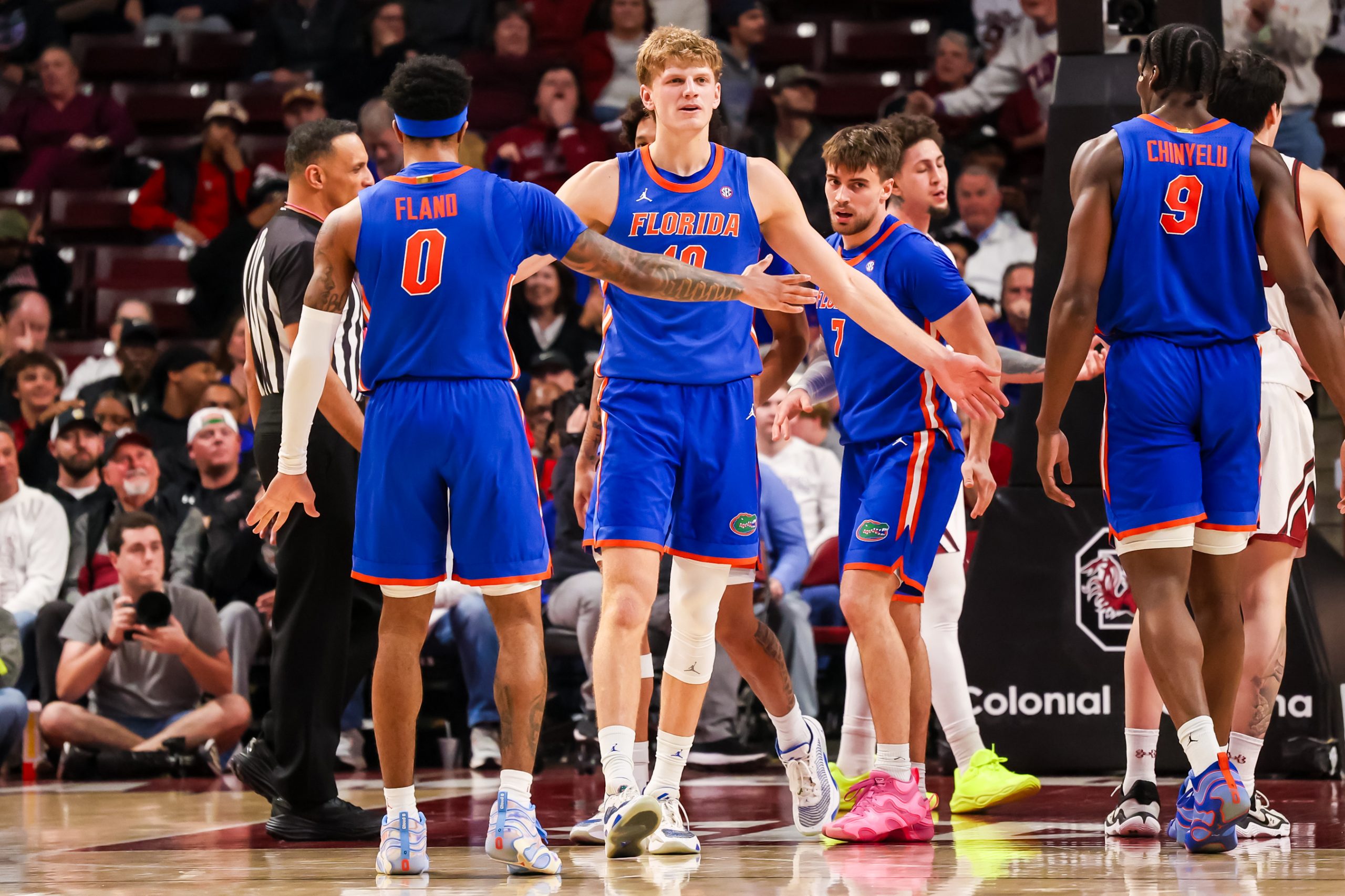 Florida basketball's Thomas Haugh celebrates after scoring against South Carolina in Columbia on Jan. 28, 2025.