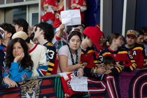 Florida Panthers fans await the team's arrival at LoanDepot Park in Miami, Friday, Jan. 2, 2026.