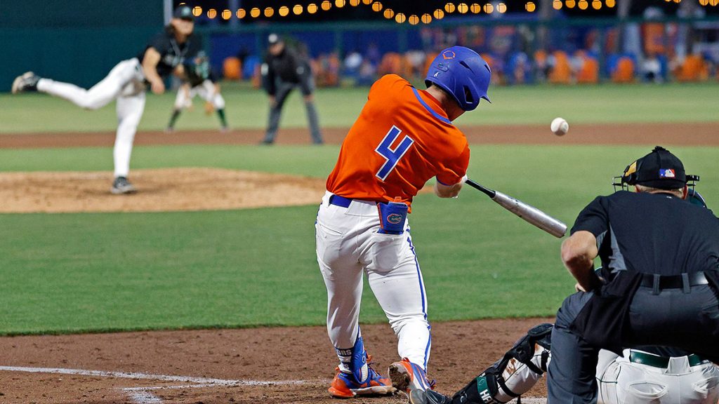 UF's sophomore Cade Kurland (4) swings against Stetson in the Condron Family Ballpark in Gainesville, Fla., on Tuesday, April 23, 2024. (Lee Ann Anderson/WRUF)