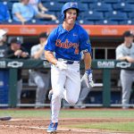 Florida infielder Cade Kurland (4) sprints to first base as the Florida Gators face the Air Force Falcons on Saturday, Feb. 15, 2025, at Condron Family Ballpark in Gainesville, Fla. (Matthew Lewis/WRUF)